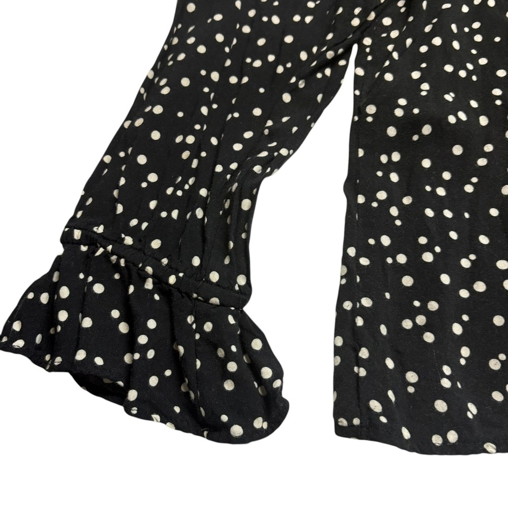 Anne Klein Blouse L Black White Polka Dot V-Neck Ruffle Cuff Long Sleeve Top - Picture 4 of 7